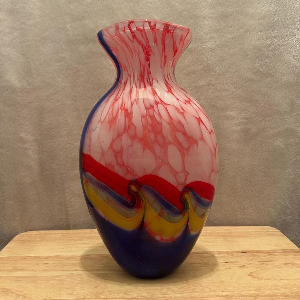 Vintage Hand-Blown Multicolor Art Glass Vase - Cobalt Blue, Red & Yellow Swirl